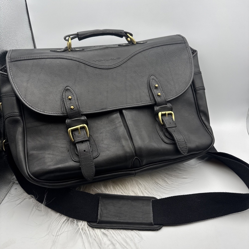 NICKLAUS Black Leather Briefcase/ Messenger Laptop Bag
